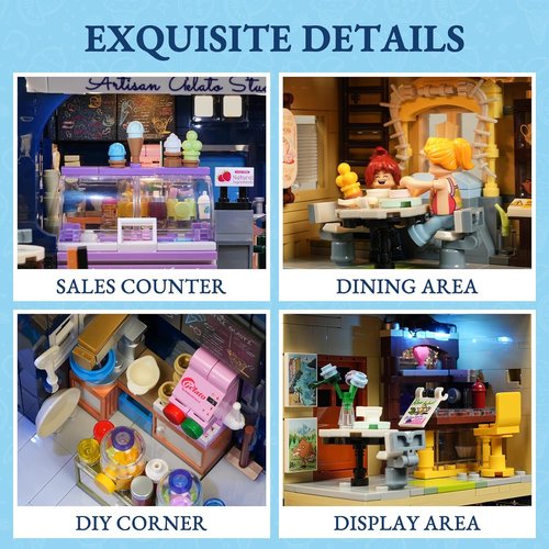 FUNWHOLE Gelato-Store Lighting Building Bricks Set - 1948 Pcs LED Ice Cream Shop Model for Adults