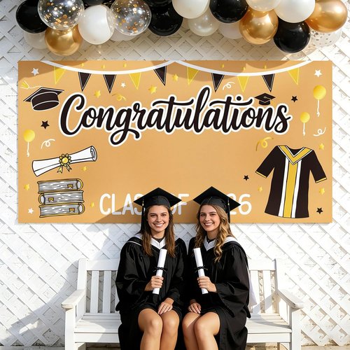 2026 Graduation Decorations | Black and Gold DIY Banner - 61 x 32 Inch Congrats Backdrop