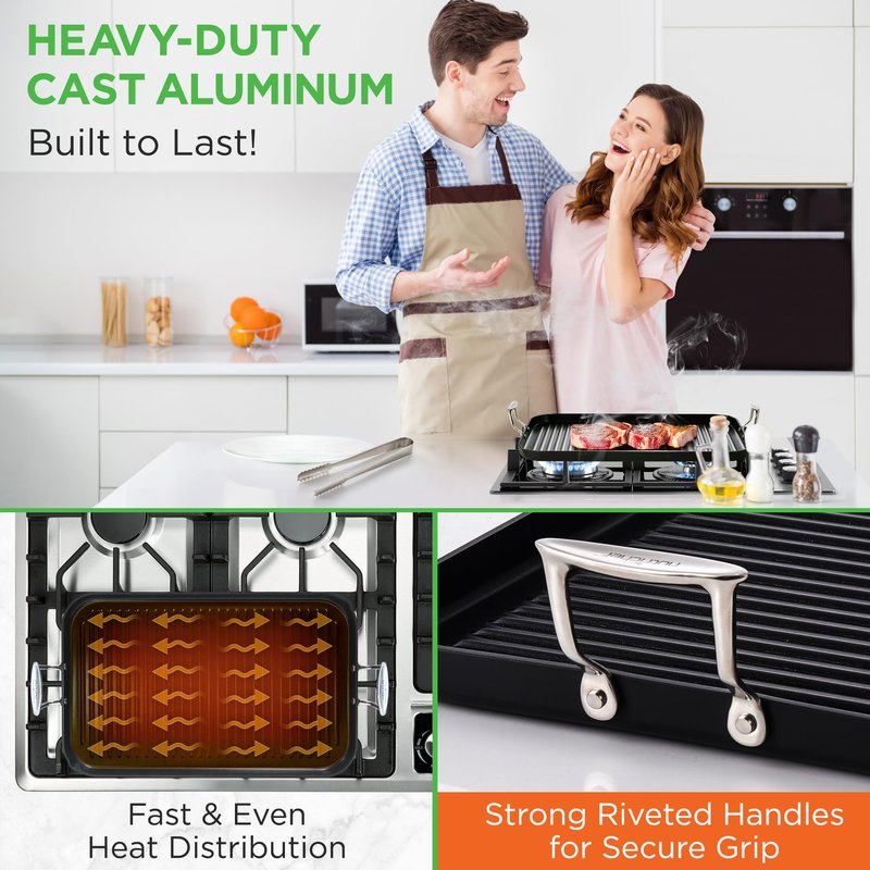 NutriChef 20"x13" Stove Top Grill Pan - Double Burner, Hard-Anodized Non stick Grill & Griddle Pan