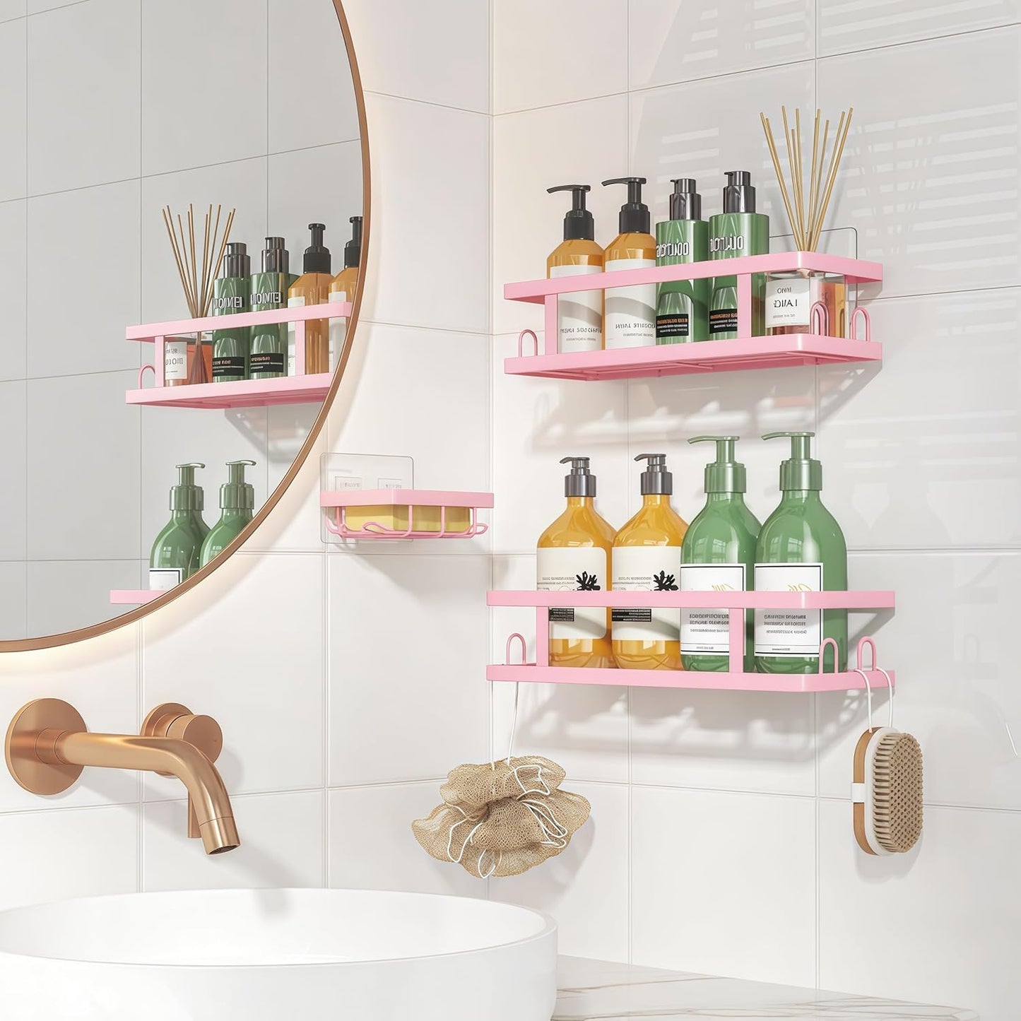 Youvip Adhesive Shower Caddy - No Drilling Bathroom Organizer with Soap Holder & 12 Hooks | Pink, 3 Pack