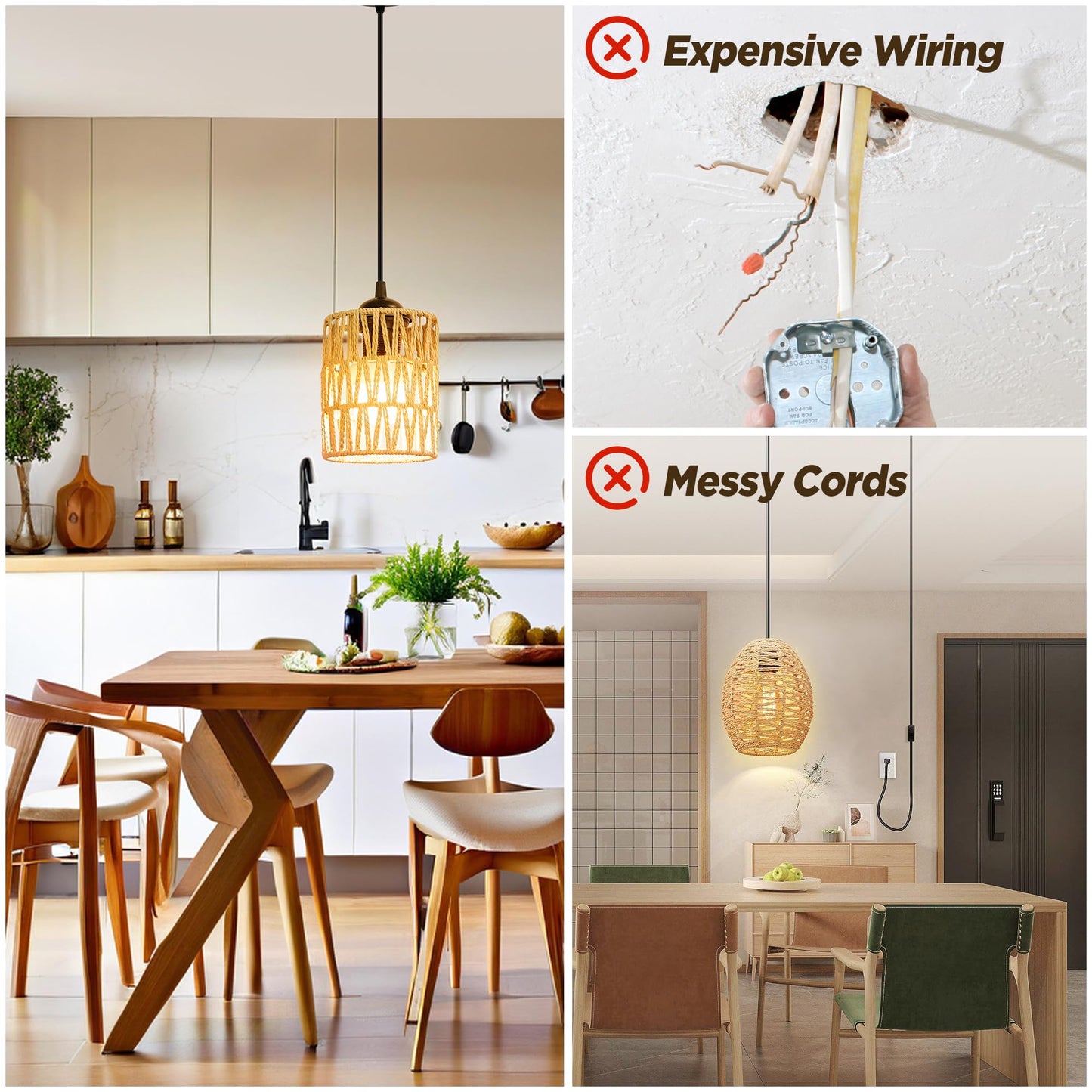rerekiki Rechargeable Boho Pendant Lights for Kitchen Island, Wireless No Plug in RGBCW Rattan Hanging Lamp with Remote for Bedroom, Boho Style Over Table Dimmable Lighting Fixture for Dining Room