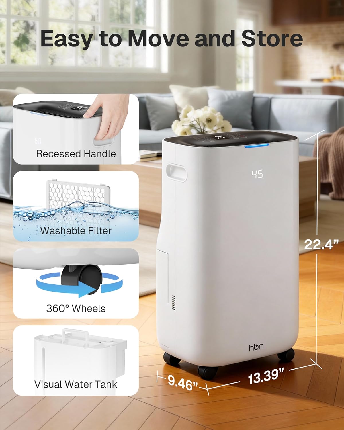 Skiennix 4500 Sq.Ft Dehumidifier - Smart Humidity Control | 80 Pint/Day, 1.71 Gallon Tank, 24h Timer