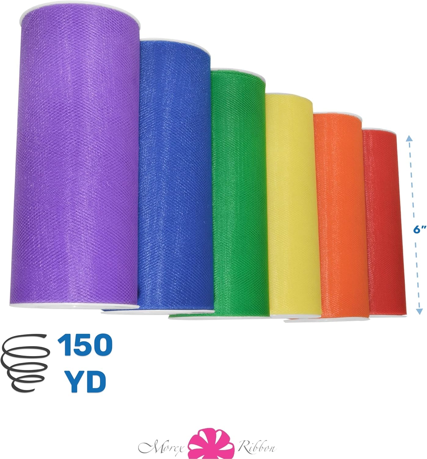 Rainbow Tulle Ribbon 6" x 150 YD - 6-Pack Nylon for Tutu Skirts & Pride Decor