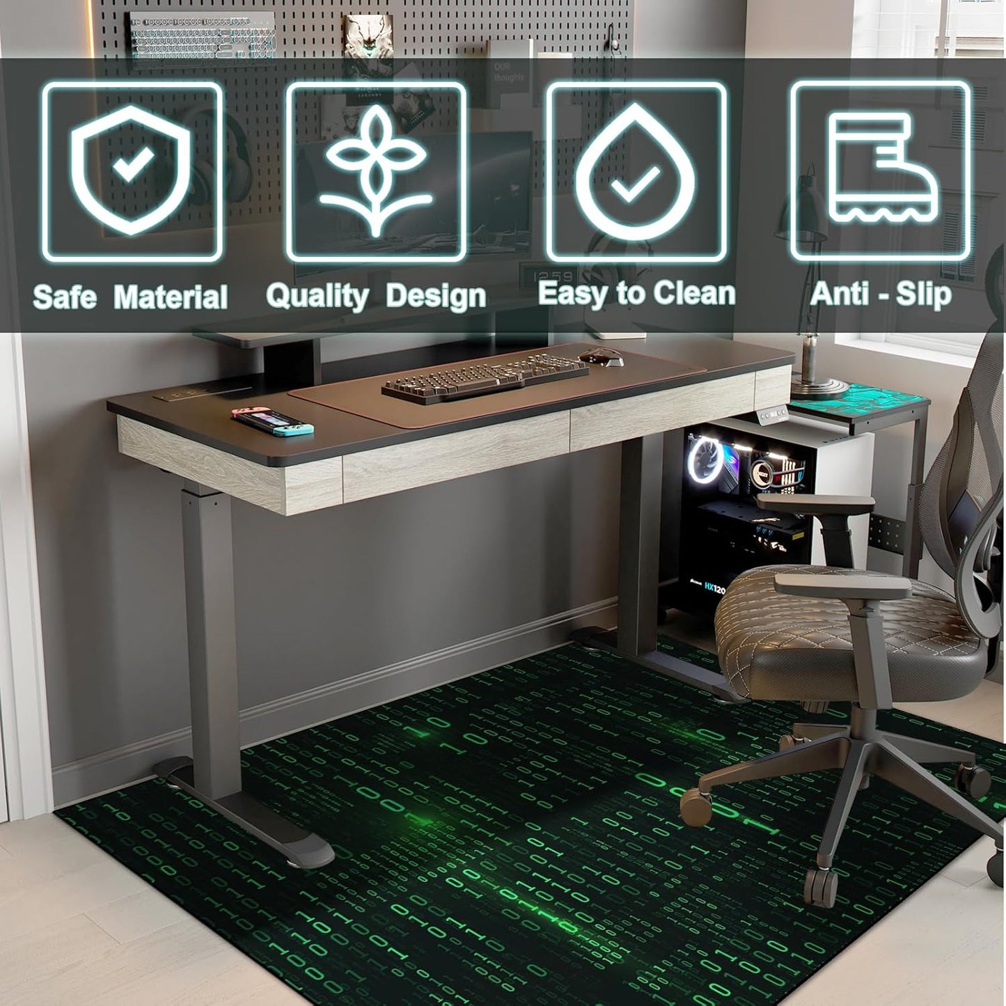 Washable Game Area Rug, Binary Code Design Gaming Programmer Teen Carpet Rug Doormat, Non-Slip Low-Pile Floor Carpet for Computer Bedroom Indoor Front Entrance Living Room Office (63" x 47")