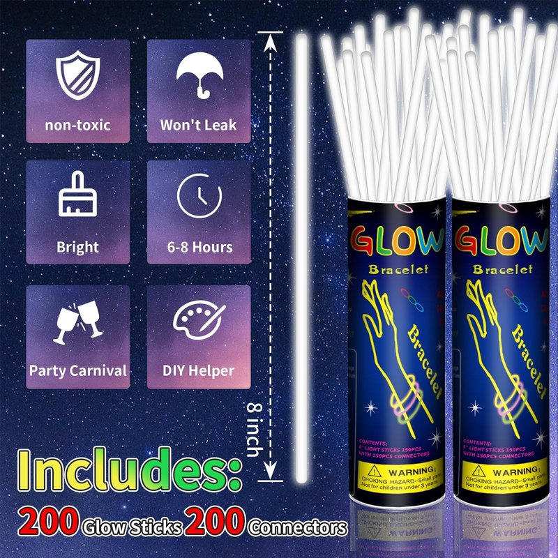 Taikula 200 Pack 8'' Glow Sticks Bulk Party Favors White Light Up Sticks with Connectors Neon Glow in the Dark Party Supplies Bracelets for Holiday Birthday Party Decoration(White)