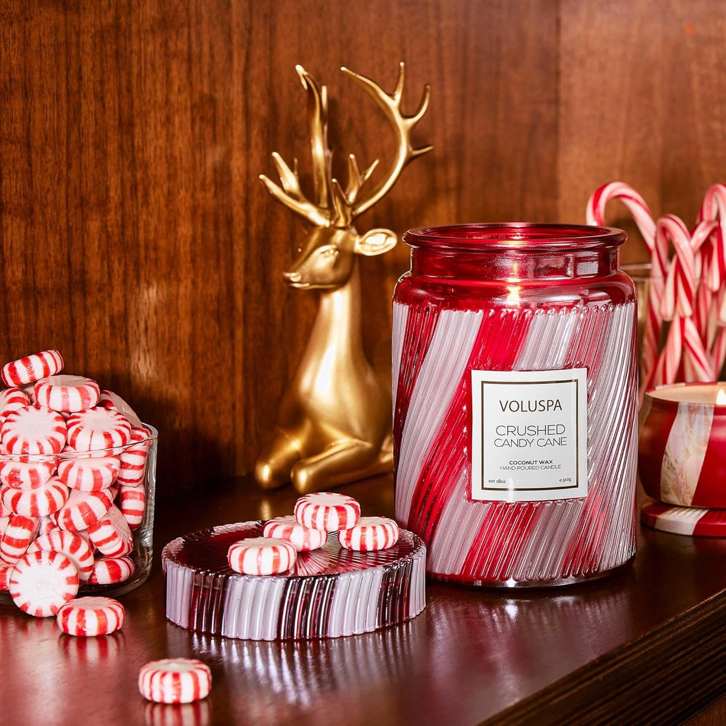 Voluspa Crushed Candy Cane Candle, Large Jar, 18 Oz, 100 Hour Burn Time, Coconut Wax, Holiday Candle