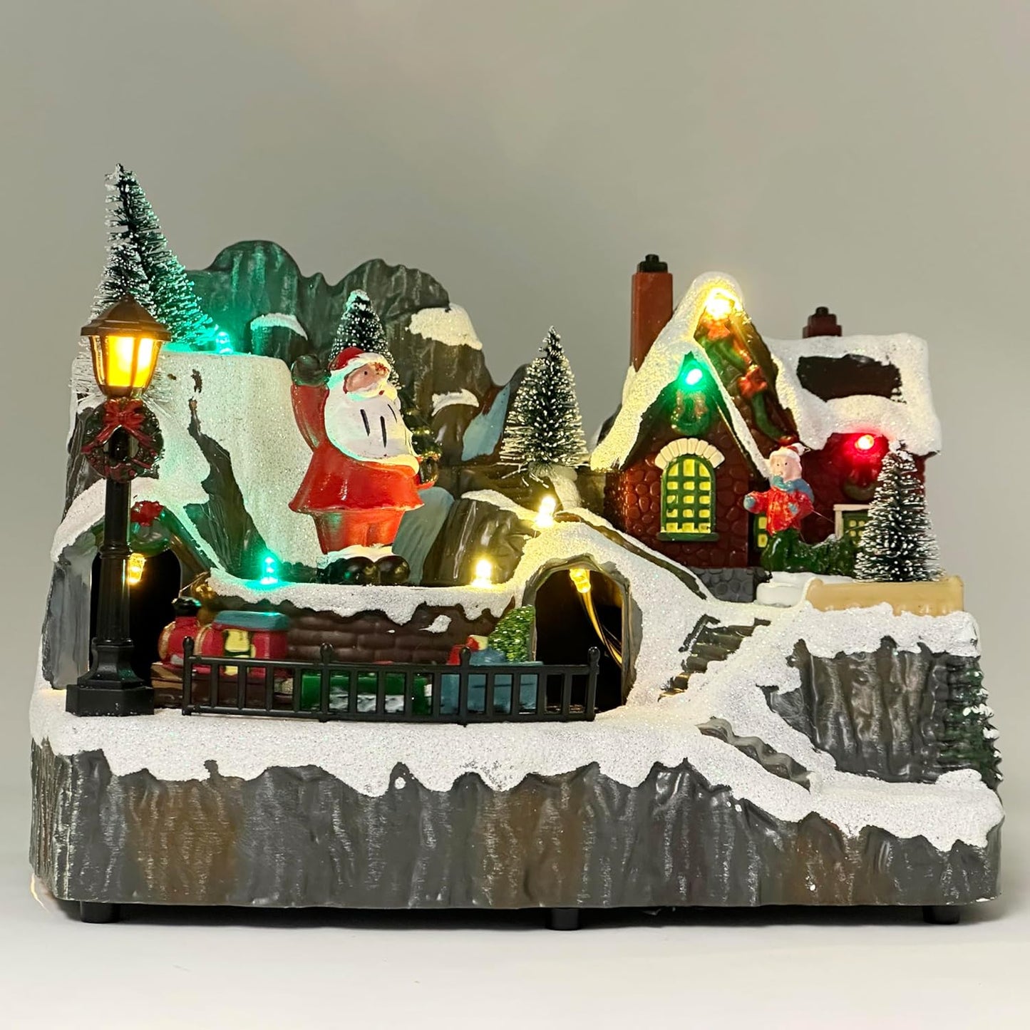 allgala Christmas Village House Crafted Polyresin Christmas House Collectable Figurine with USB and Battery Dual Power Source-Moving Train and Santa-XH93447