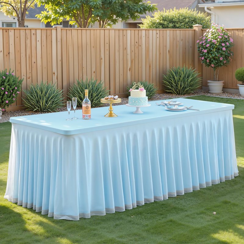 PARTISKY Blue Tablecloths 4 Foot Rectangle Tables, Spandex Fitted Tablecloth Stretch Table Cover with Tulle Skirt for Baby Shower Birthday Party Wedding Banquet Dessert Table Decorations