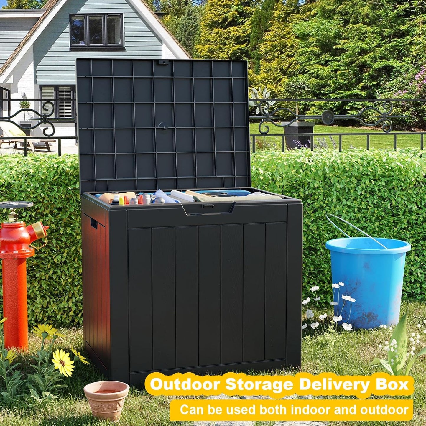 Regine Switzerland 30 Gallon Outdoor Deck Box - Lockable Waterproof Storage for Garden Tools & Cushions | Black