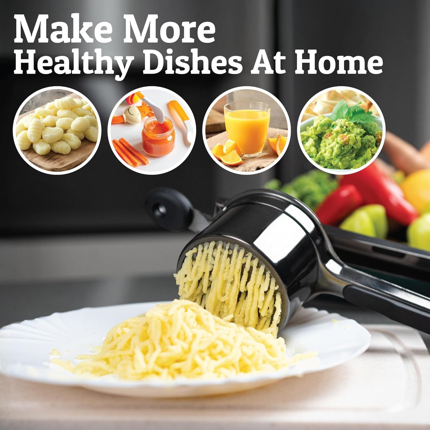 PriorityChef 15oz Potato Ricer - Heavy Duty Stainless Steel Masher with 3 Discs | All Black Design
