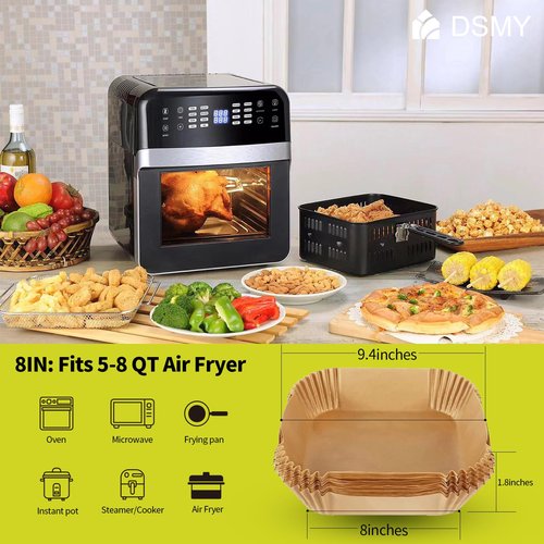 DSMY 200 PCS Air Fryer Disposable Paper Liners,8 Inch Square Parchment Disposable Paper Liner for 5-8QT Air Fryer,Baking, Roasting and Microwave, Non-Stick Airfryer Accessories