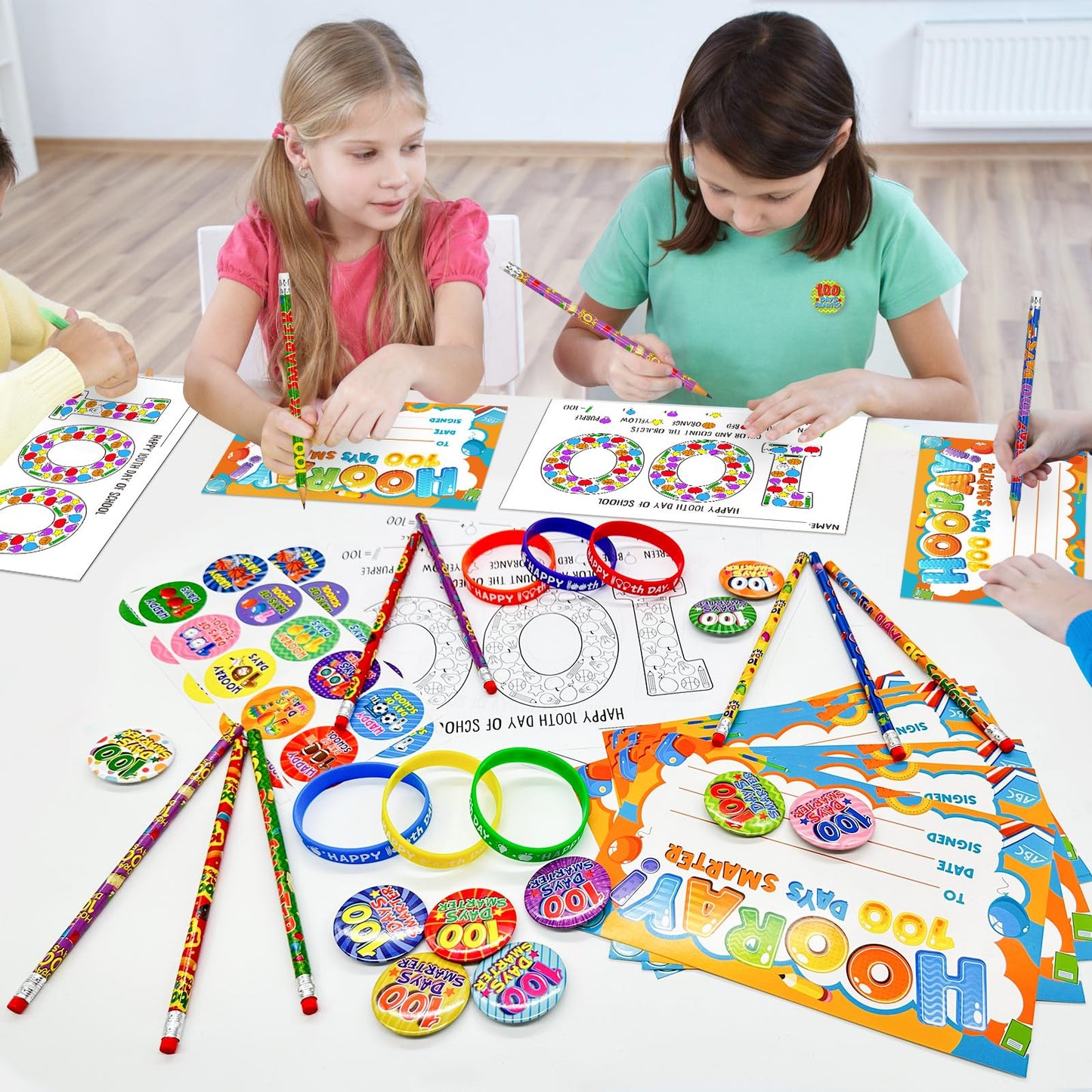 180 Pcs 100 Days of School Awards Set,Happy 100th Day Certificate of Award Rubber Bracelets Wristbands Coloring Posters Pencils 100 Days Smarter Badges Pins Stickers for School Party Gift Favors