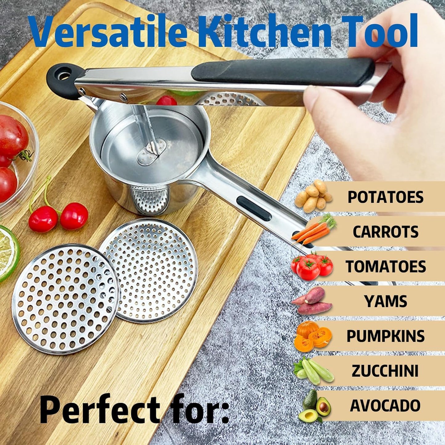 Skiennix 15 oz Stainless Steel Potato Ricer - 3 Interchangeable Plates, Dishwasher Safe for Perfect Mashed Potatoes & Baby Food