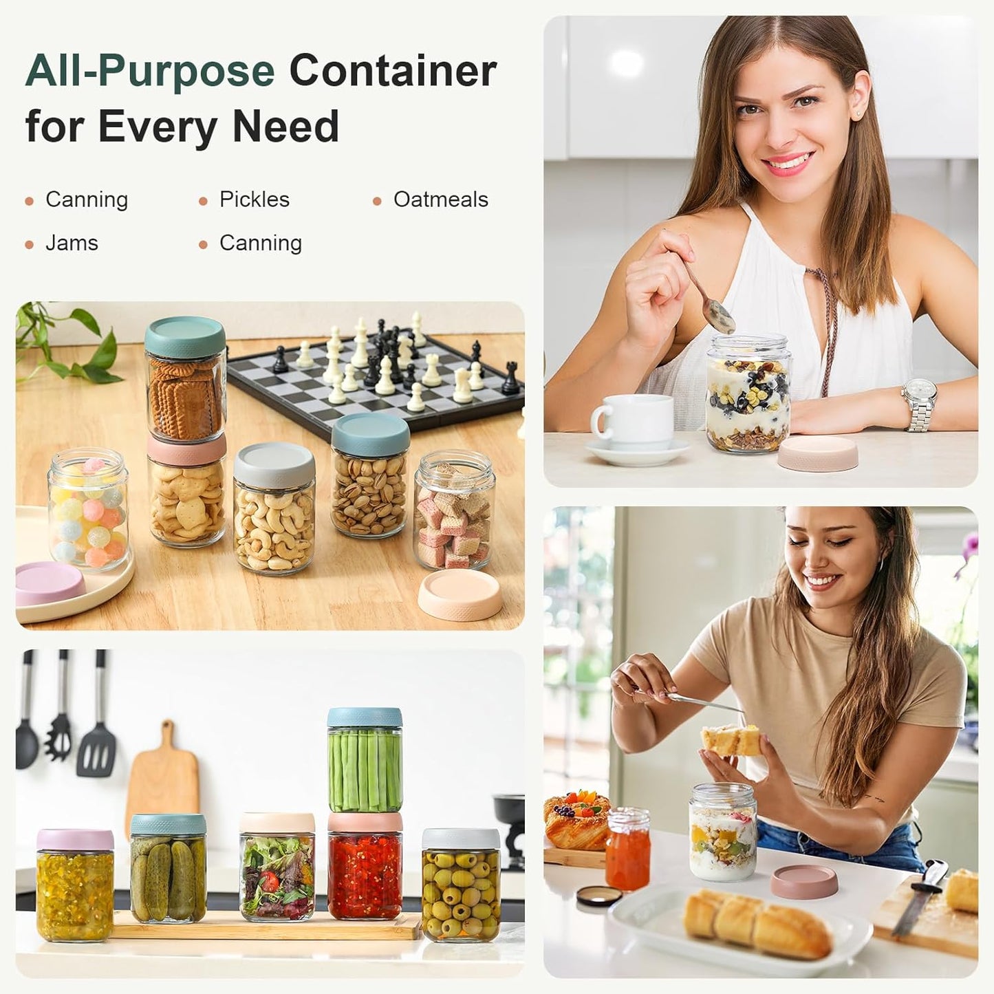 NETANY 16 oz Glass Overnight Oats Containers - 6-Pack with Airtight Lids | Perfect for Snacks & Meal Prep