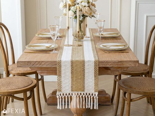 FEXIA Boho Table Runner with Tassels for Home Decor Farmhouse Rustic Table Runner Macrame Burlap Woven Dinning Decoration for Living Room Bridal Shower Independence Day Decorations(12x72 Inches)