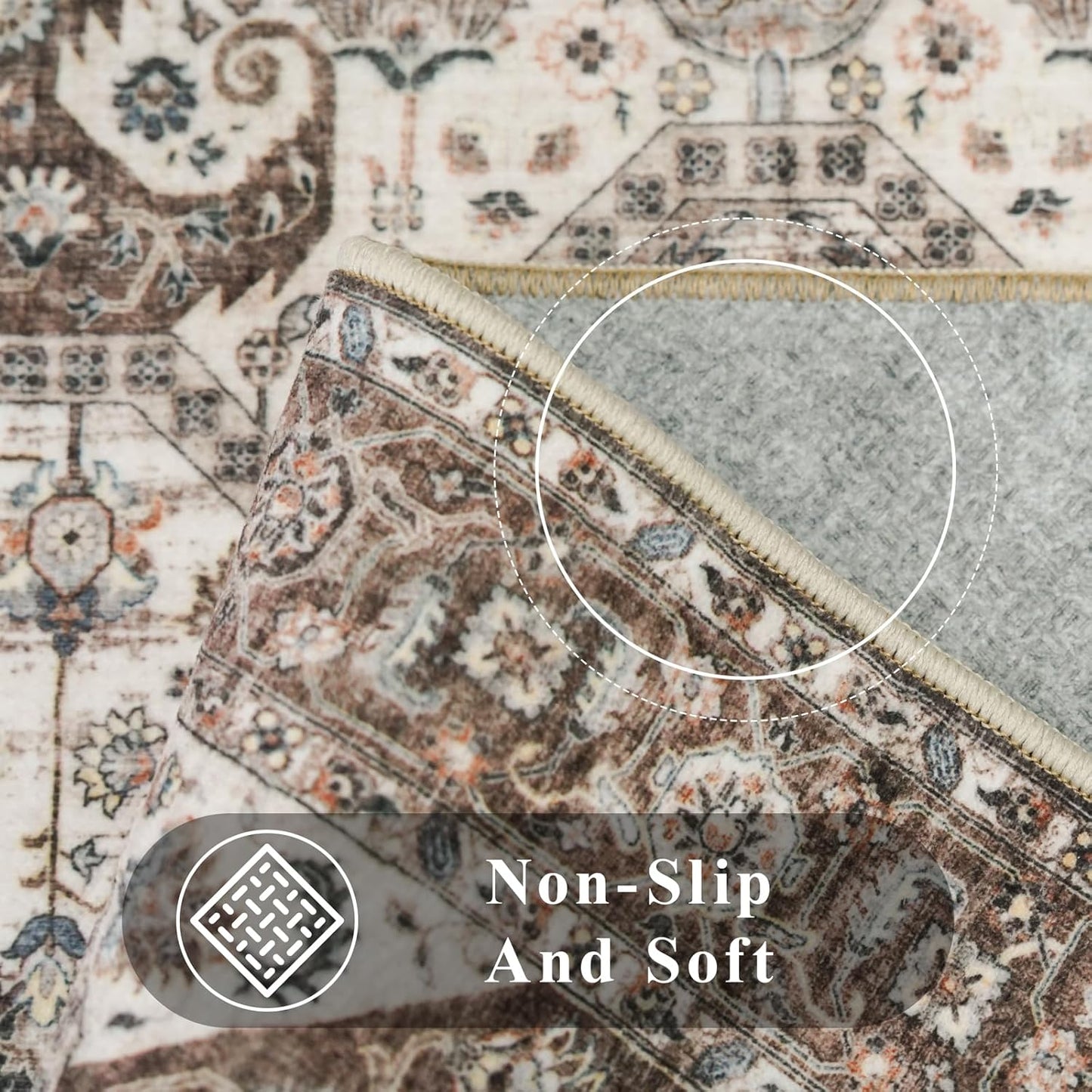 Skiennix Washable 9x12 Large Area Rug - Vintage Non-Slip Backing, Stain Resistant Medallion Design for Living Room & Bedroom - Brown