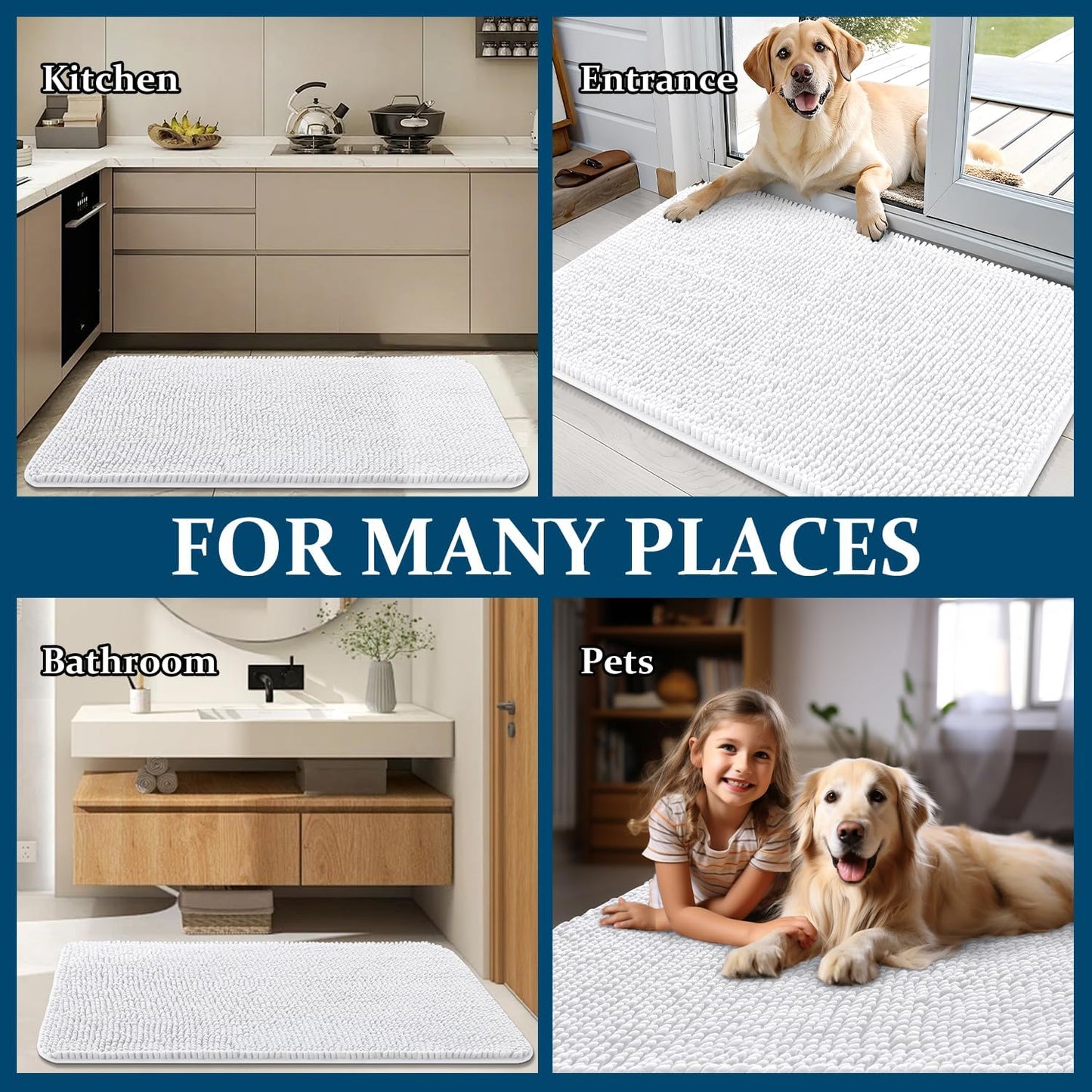OLANLY Dog Door Mat - Absorbent Non-Slip Mud Mat for Indoor Use | Quick Dry Chenille, 30x20, White