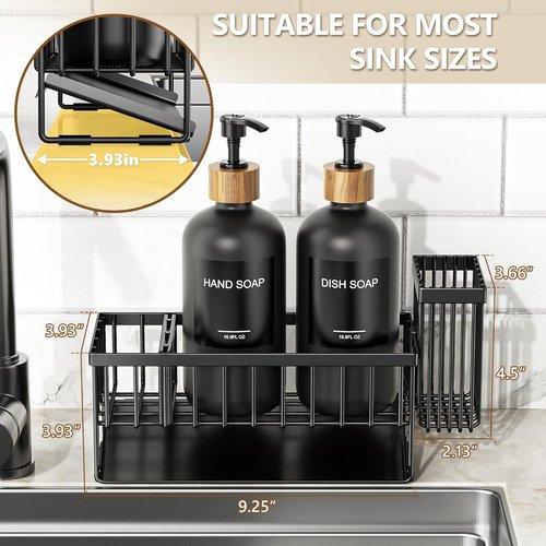 Cisily Dish Soap Dispenser Set - 2 Pack Black Glass Bottles with Adjustable Sponge Holder | Vintage Design