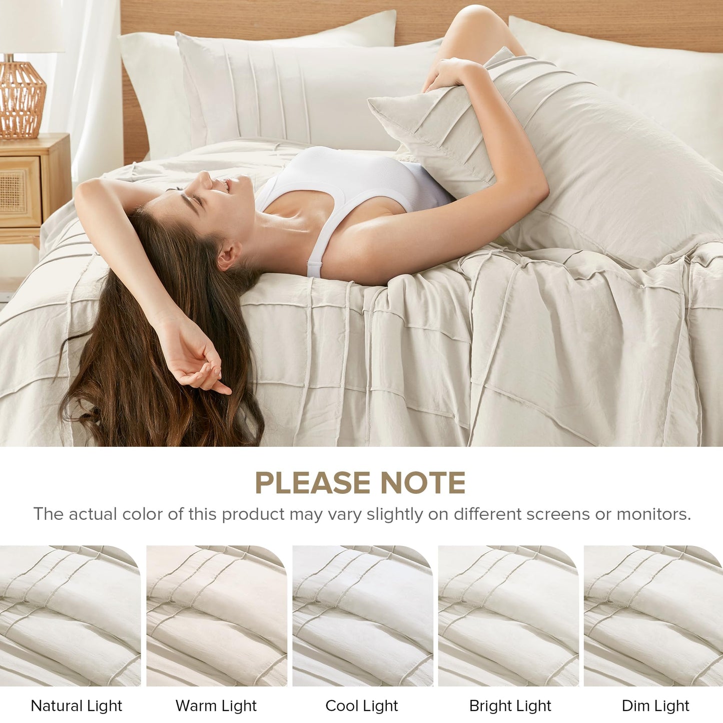Comfort Spaces Cream Queen Size Duvet Cover Set - 3 Pieces Pintuck Pleated Duvet Cover Queen, All Season Lightweight, Extra Softness Pre-Washed Microfiber Queen Bedding Cover Shams, Full/Queen
