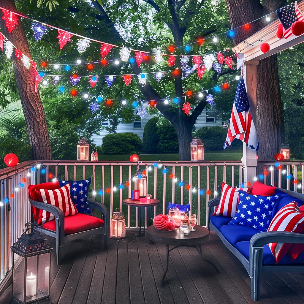JMEXSUSS Red White and Blue Lights Battery Operated, 33ft 4th of July Lights Outdoor Waterproof, 100 LED String Light for Independence Day Memorial Patriotic Day Decor