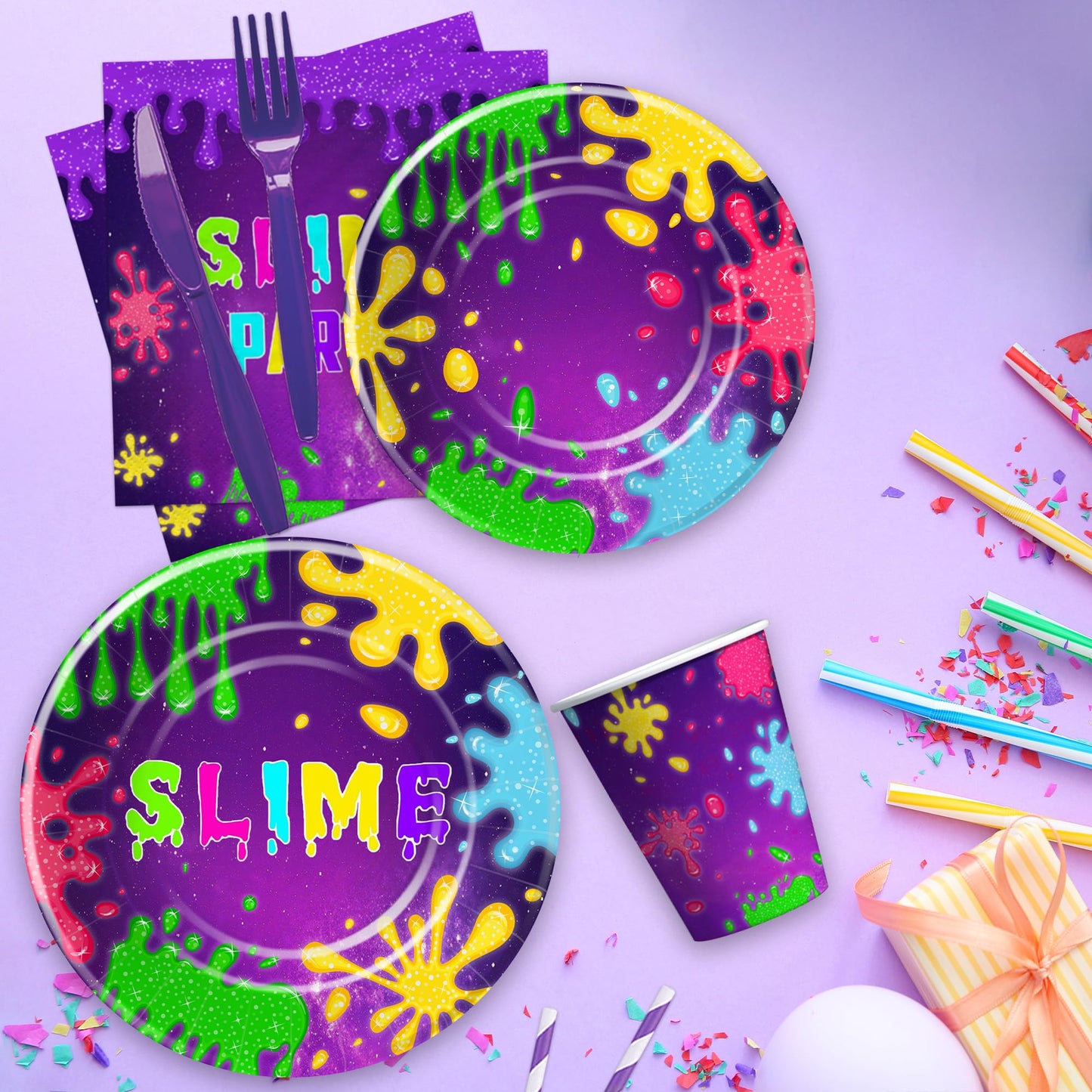 Suhelkit Slime Birthday Party Decorations Tableware - Slime Party Supplies, Plate, Cup, Napkin, Tablecloth, Cutlery, Purple Glitter Slime Splatter Splash Colorful Theme Table Decorations | Serve 24