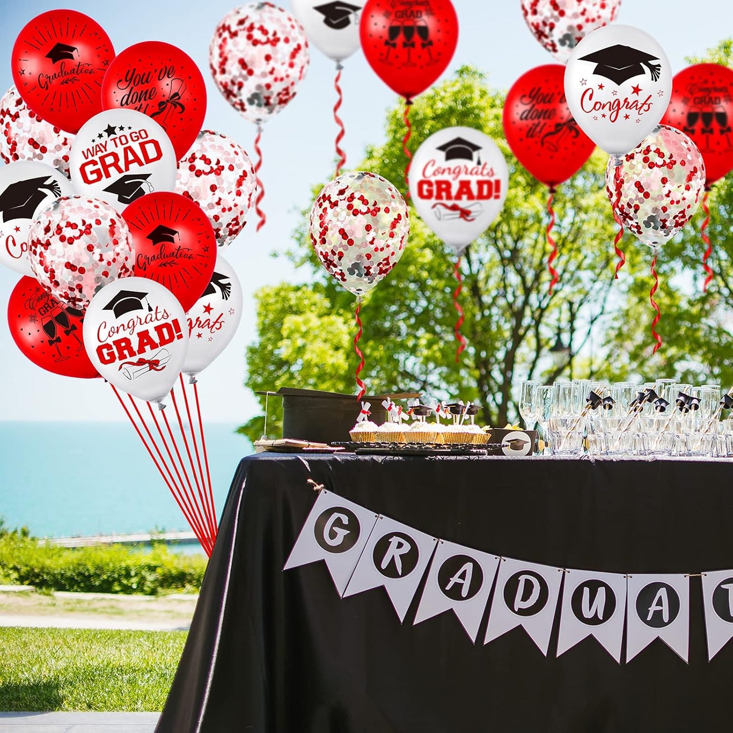 Whaline Graduation Party Balloons Set - 60 Pcs with Confetti & Grad Cap Designs | Red & White