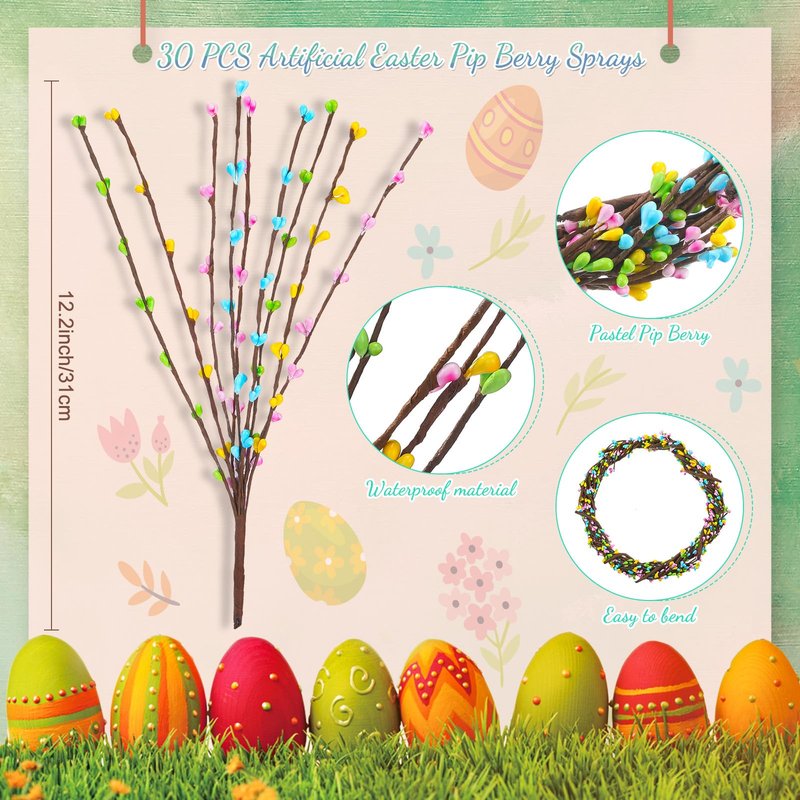 Juinte 10 Packs Easter Berry Garland Artificial Sprays Wire Spring Pip Berry Decorative Garland Picks Floral Pip Picks Stems for Easter Crafts Floral Arrangement Wreath Making