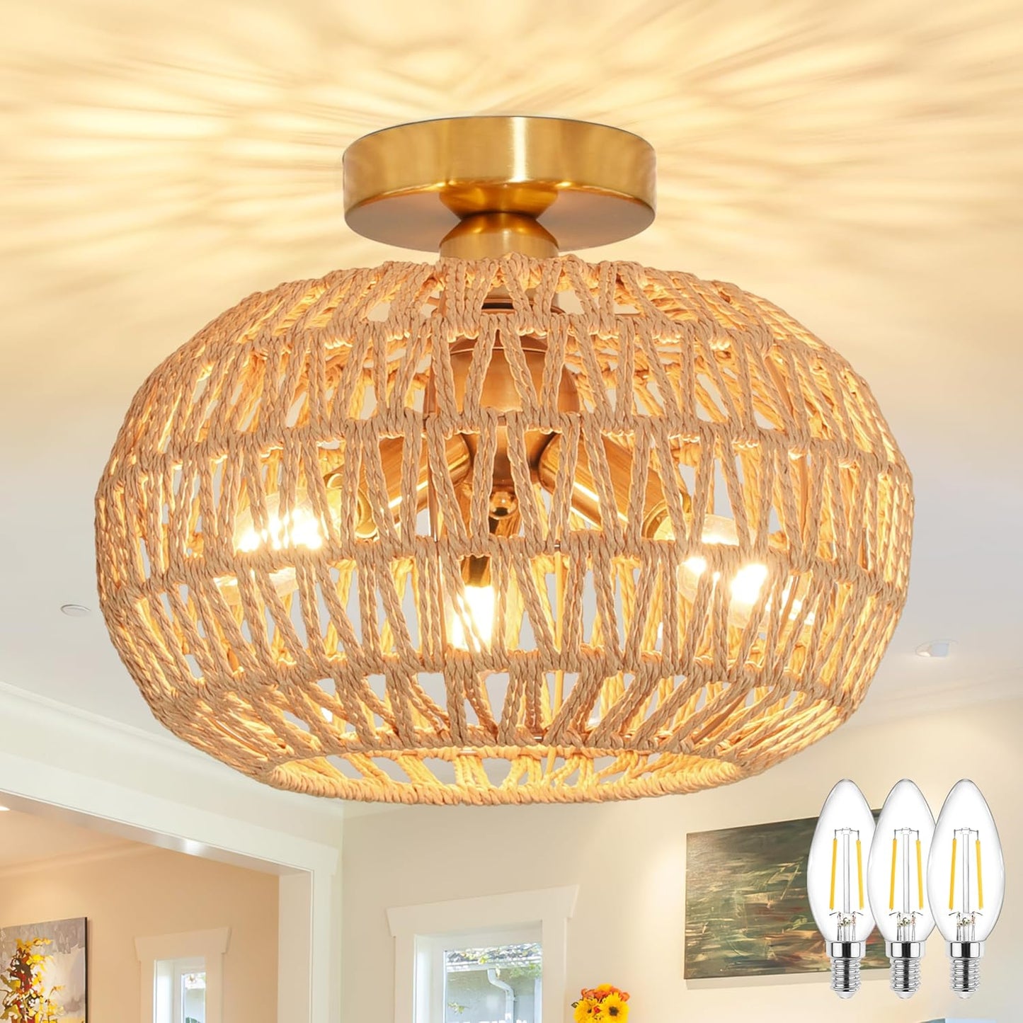 11.8" Rattan Light Fixture 3-Lights Boho Semi Flush Mount Ceiling Light Rattan Close to Ceiling Light Farmhouse Light Fixtures Ceiling with Handwoven Shade for Farmhouse Foyer