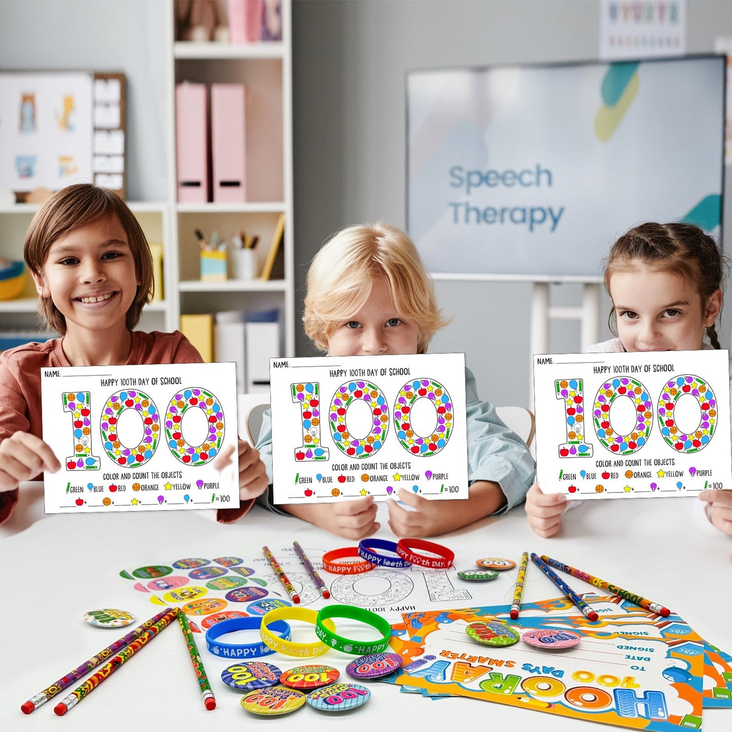 180 Pcs 100 Days of School Awards Set,Happy 100th Day Certificate of Award Rubber Bracelets Wristbands Coloring Posters Pencils 100 Days Smarter Badges Pins Stickers for School Party Gift Favors