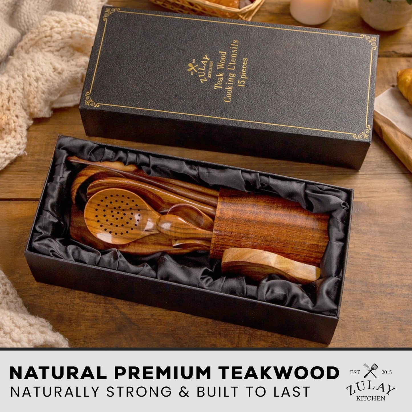 Zulay Kitchen 15-Piece Teak Wooden Utensils for Cooking - Natural Teak Utensil Set with Premium Gift Box - Non-Stick Wooden Spoons for Cooking - Kitchen Gift Set - Comfortable Grip Wooden Utensil Set