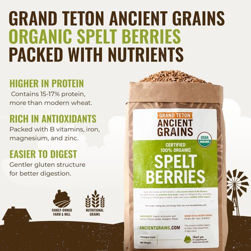 Grand Teton Ancient Grains - 100% Organic Spelt Berries, 5 lbs, Whole Unmilled Spelt Berries, US-Grown Farro Organic Grain, Nutritious Baking Staple, Whole Grain Spelt in Brown Paper Bag