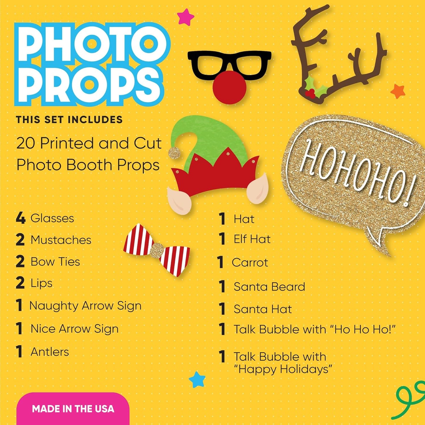Christmas Photo Booth Props Kit - 20 Count Holiday Party Decorations