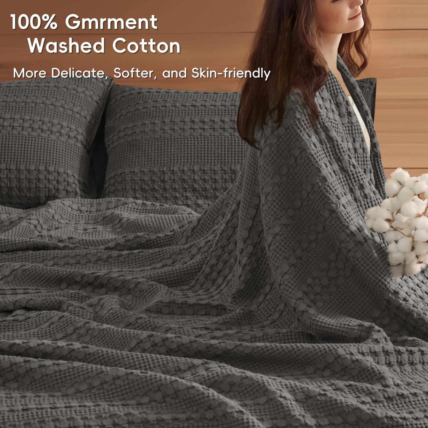 PHF 100% Cotton Waffle Weave Blanket Queen Size, Soft Lightweight Breathable Cozy Summer Blankets for Bed, Luxury Aesthetic Woven Bedding for Home Decor, 90"x90", Charcoal Grey