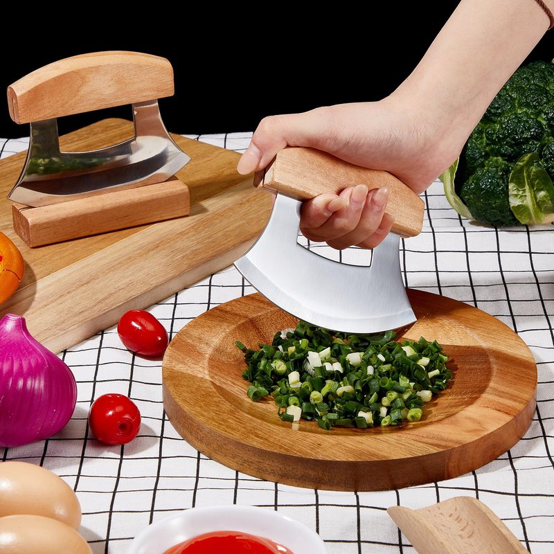 Sunnychicc 2 Pcs Mezzaluna Ulu Knife and Cutting Board Set Rocker Chopper Slicer Cutter with Stand Cutting Board Mezzaluna Chopper Alaskan Ulu Knife Kit for Onion Vegetable Mincing Tool(Wood)