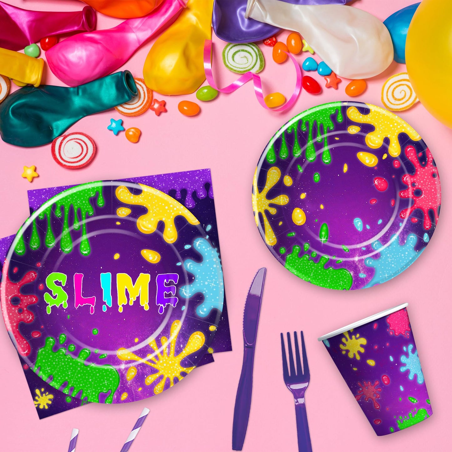 Suhelkit Slime Birthday Party Decorations Tableware - Slime Party Supplies, Plate, Cup, Napkin, Tablecloth, Cutlery, Purple Glitter Slime Splatter Splash Colorful Theme Table Decorations | Serve 24