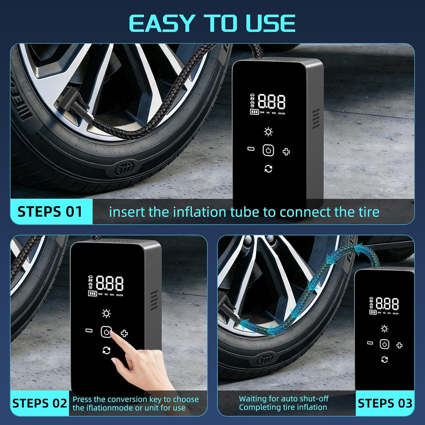 Skiennix Portable Tire Inflator - Digital Pressure Gauge, LED Lights & Auto Shut-Off | 12V DC Car Pump