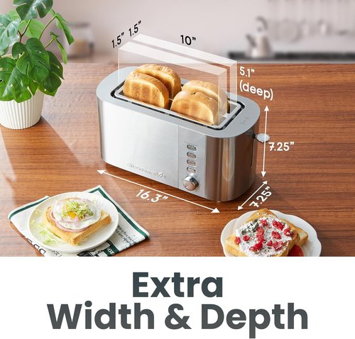 Elite Gourmet Long Slot 4-Slice Toaster - Extra Wide 1.5" Slots, 6 Shade Settings, Stainless Steel