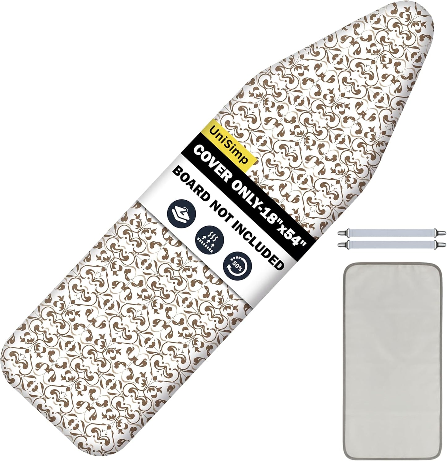 UniSimp Ironing Board Cover - Extra Thick Natural Cotton, Scorch & Stain Resistant | 18"x54", Taupe