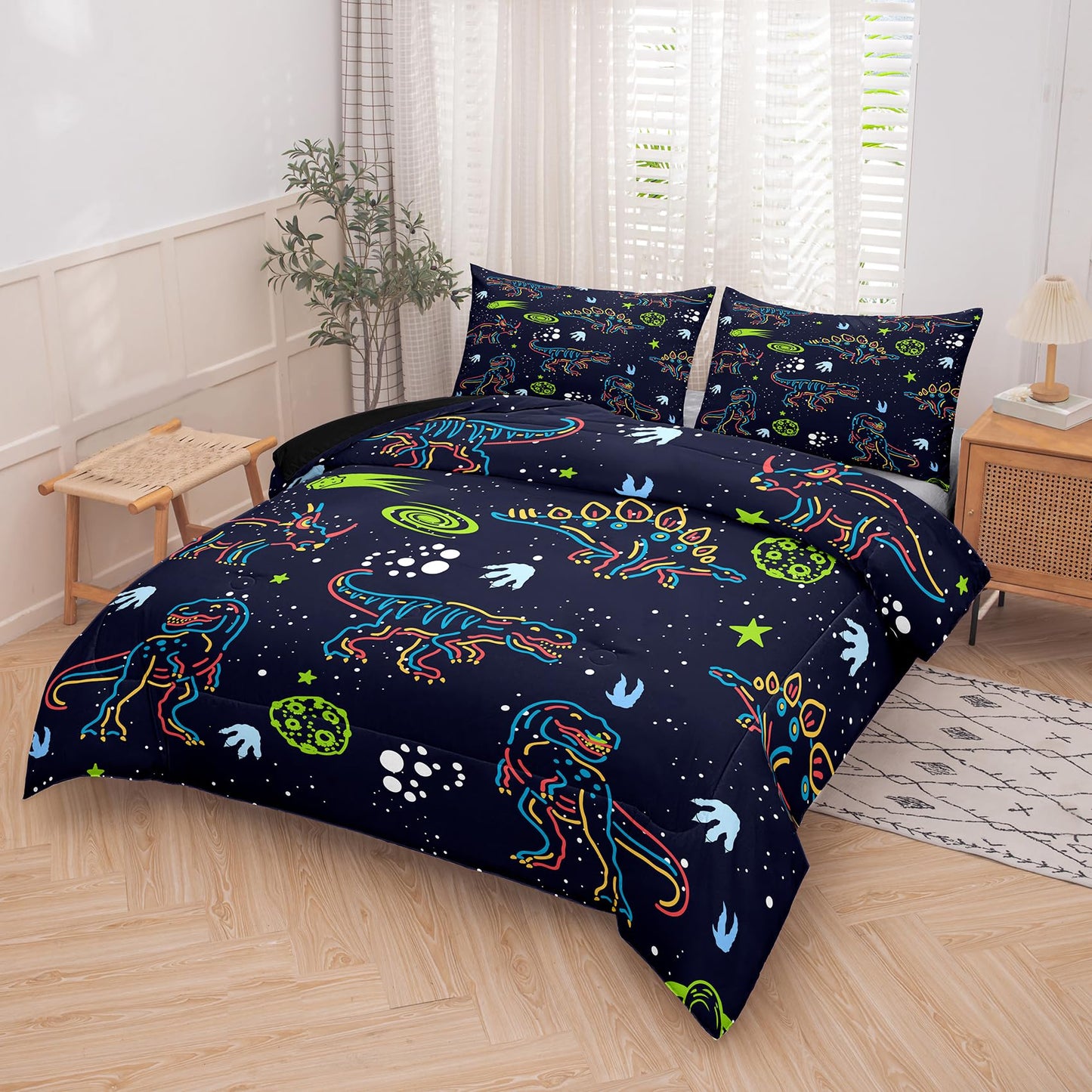 NINENINE Dinosaur Bedding Sets for Boys Kids,Dark Blue Retro Dinosaur Comforter Set,Queen Size Comforter Sets for Kids,with 1 Comforter 2 Pillowcases