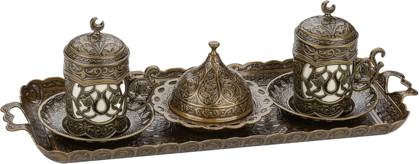Alisveristime Ottoman Turkish Greek Arabic Espresso Coffee Cups with Saucer and Lid (Set of 2) (Hilal) (Silver)