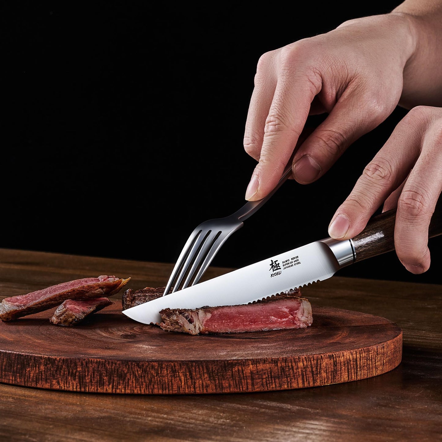 KYOKU Daimyo Series Serrated Steak Knife Set of 4 - Japanese 440C Stainless Steel 5 Inch Steak Knives - Rosewood Handles Mosaic Pins - with Sheaths & Case