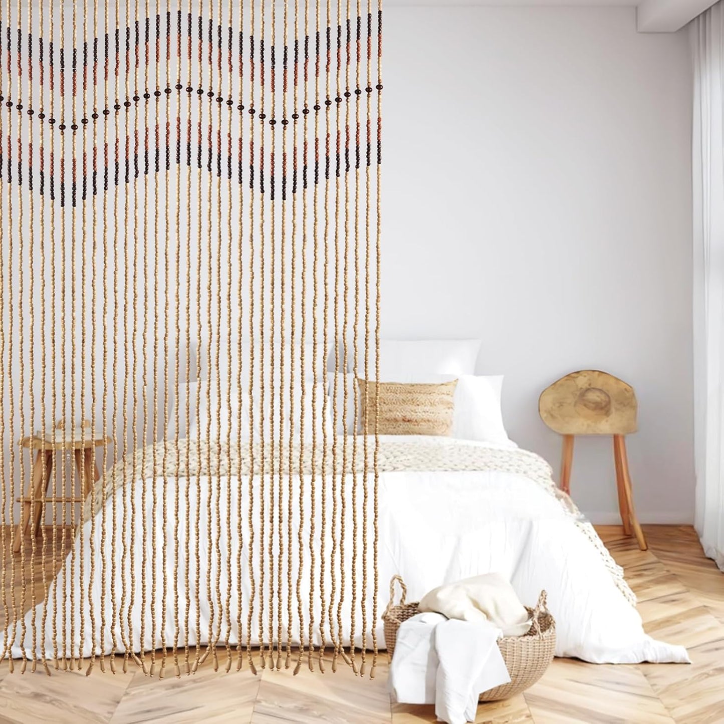 35.5" x 75" Bamboo and Wood Beaded Curtain for Doorway 52 Strands Handmade Bohemian Door Beads Curtain Boho Hanging Room Divider for Bedroom Living Home Deco, Beige