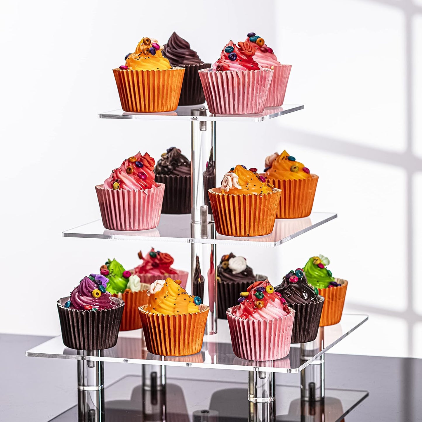 3-Tier Acrylic Cupcake Stand - Elegant Dessert Display Tower in Gold (Model 3SG-V2)