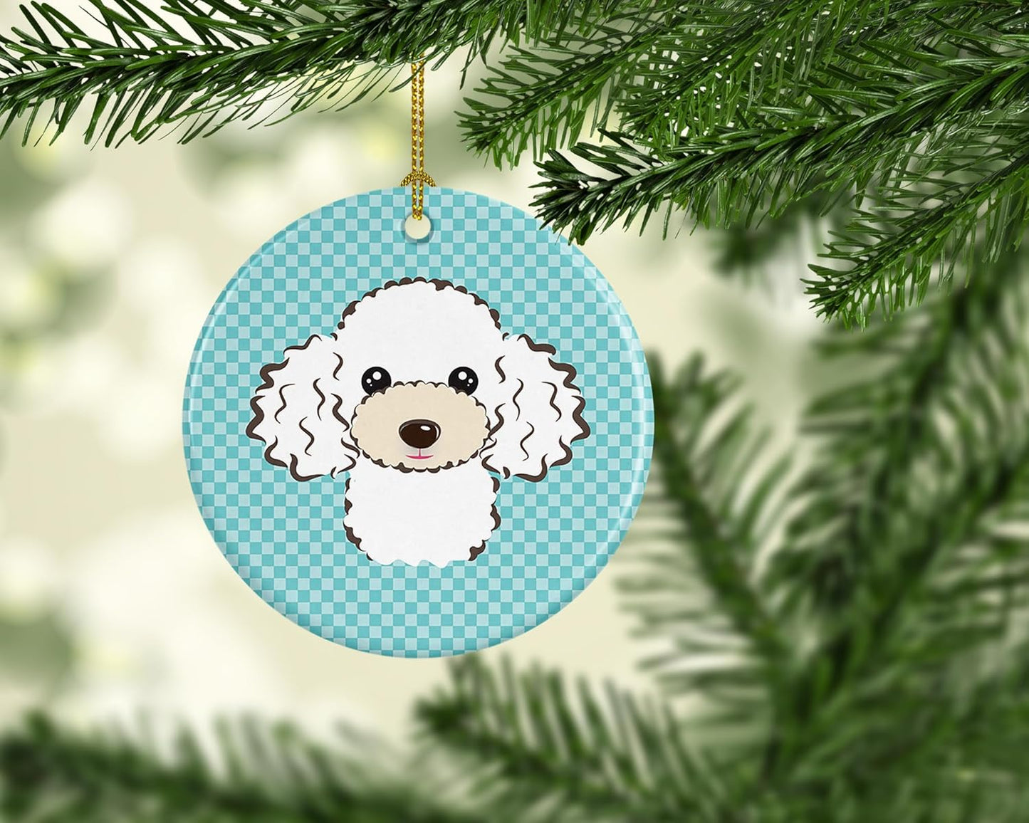Blue Wire Haired Fox Terrier Ceramic Ornament - Checkerboard Christmas Tree Decoration, 3 in
