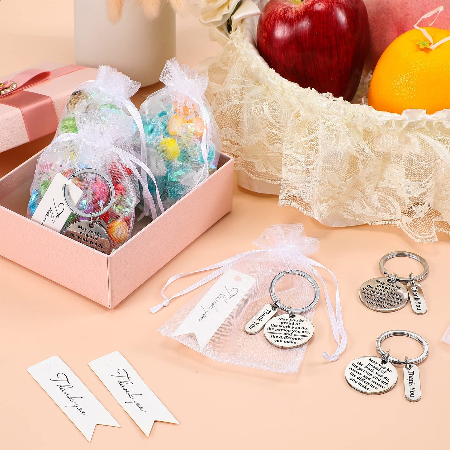 Yinkin 300 Pcs Christmas Employee Thank You Gifts Bulk Gifts for Coworkers Include 100 Inspirational Employee Appreciation Keychain Gifts 100 Organza Bags 100 Cards for Teacher Nurse Team(Silver)