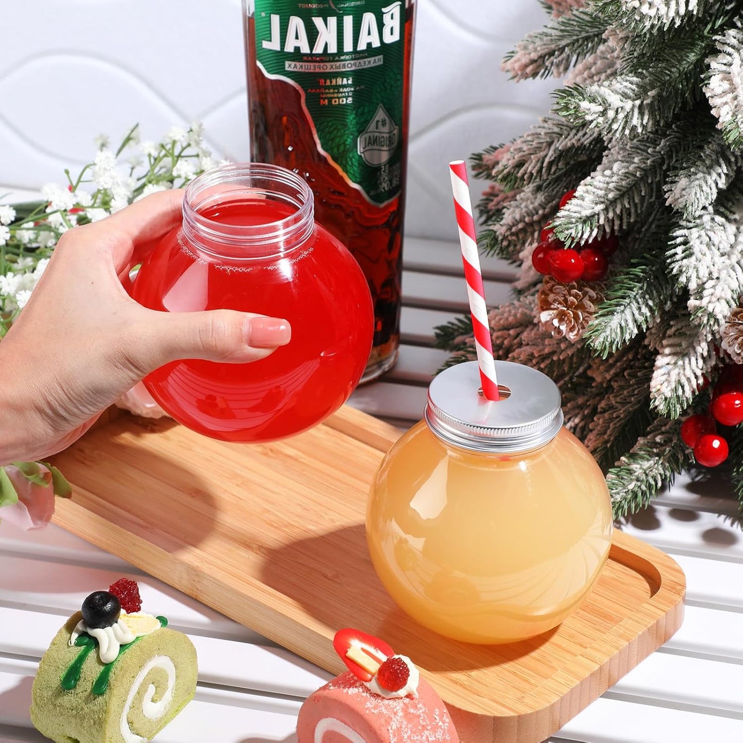 Yaomiao 24 Pcs 10 oz Mini Plastic Fish Bowl Ornament Cups for Drinks Clear Spherical Potion Bottles with Lids and Straws Bulb Cups for Christmas Carnival Candy Party Decorations (Red)