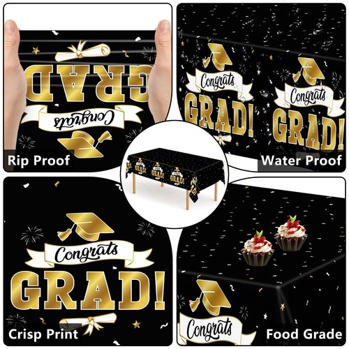 2Pack Graduation Decorations 2026, 108" X 54" Graduation Tablecloth, Blackgold Rectangle Class of 2026 Table Cloths, Disposable Plastic Congrats Grad Tablecover for Grad Party Favors Supplies
