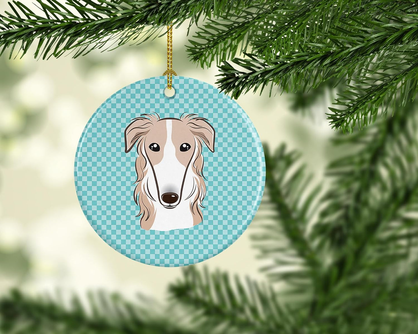 Blue Wire Haired Fox Terrier Ceramic Ornament - Checkerboard Christmas Tree Decoration, 3 in