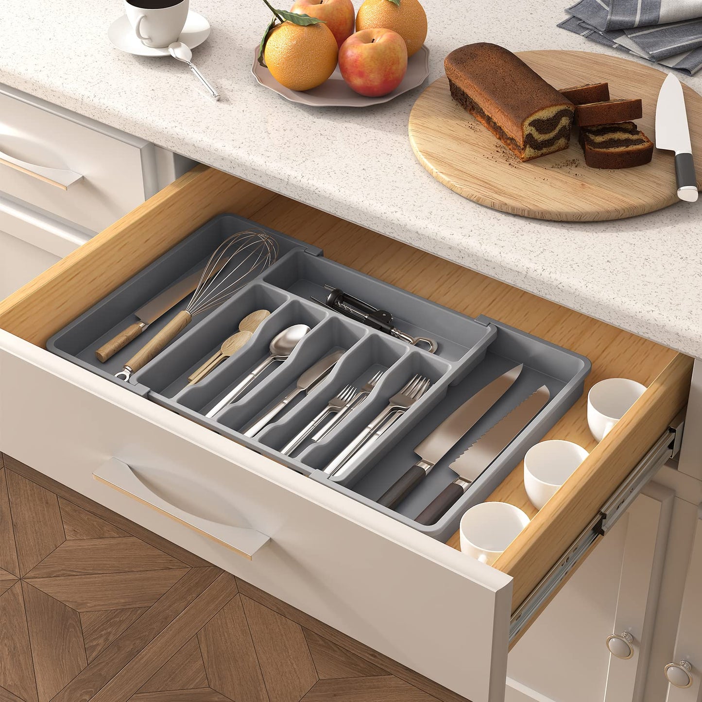 Lifewit Silverware Drawer Organizer, Expandable Utensil Tray for Kitchen, BPA Free Flatware and Cutlery Holder, Adjustable Plastic Storage for Spoons Forks Knives, 13-22 x 15", Grey
