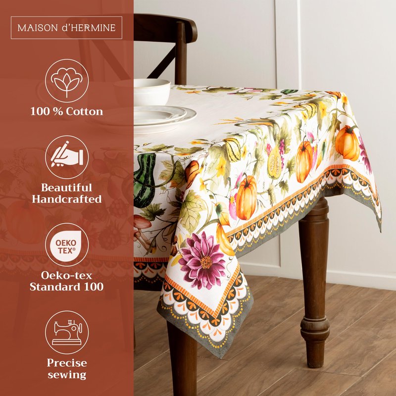 Maison d' Hermine Table Cloth Rectangle Table 100% Cotton 70 x 120 Inches Fall Tablecloth Reusable Everyday Use for Thanksgiving Christmas Decorations Dining Farmhouse (Pumpkin Garden - Cloudy Cream)